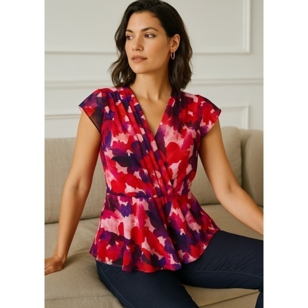 Banana Republic Floral Chiffon Wrap Peplum Blouse V Neck Size S